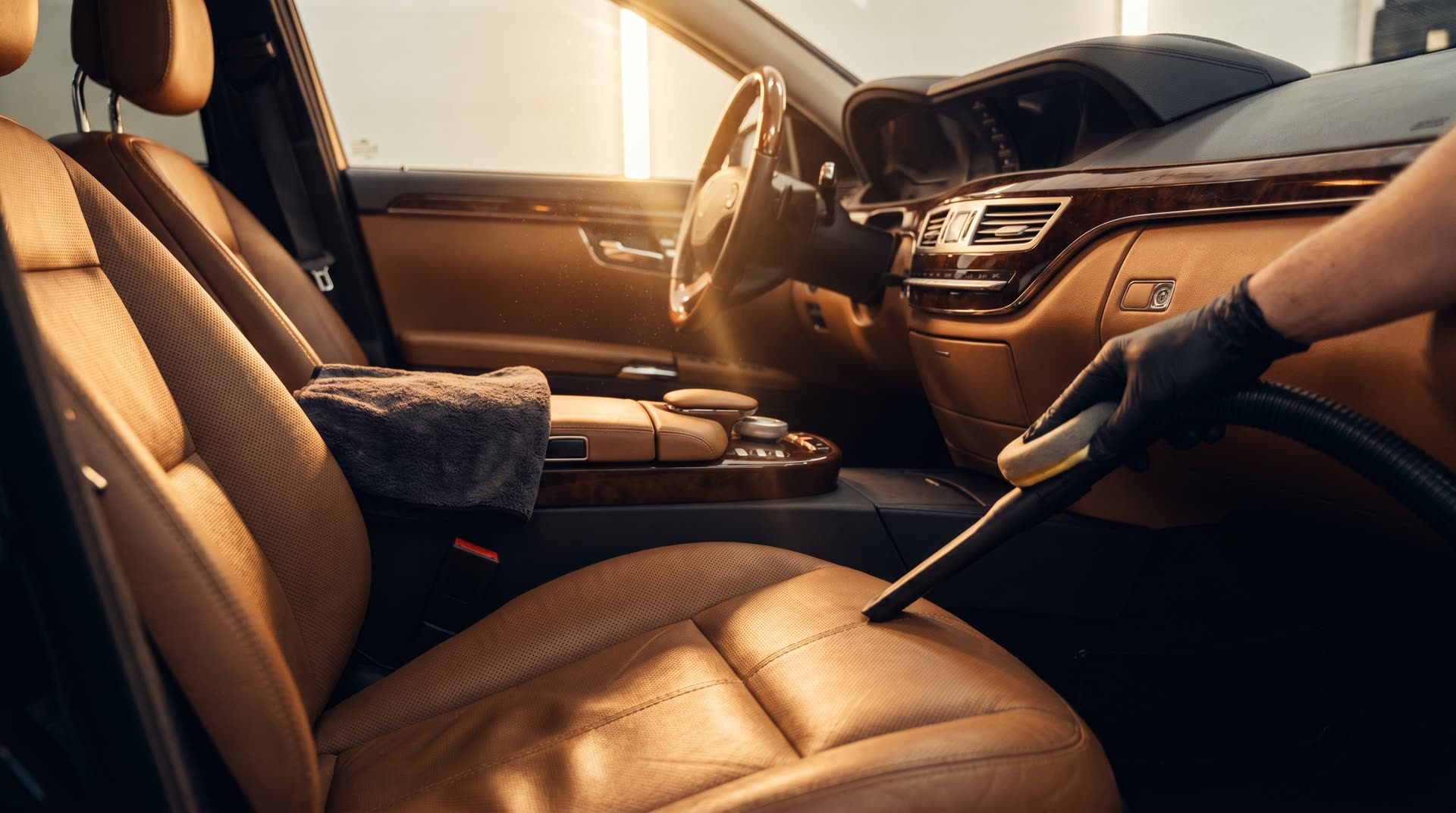 Tan leather interior being vacuumed and conditioned in warm sunlight during an interior detail