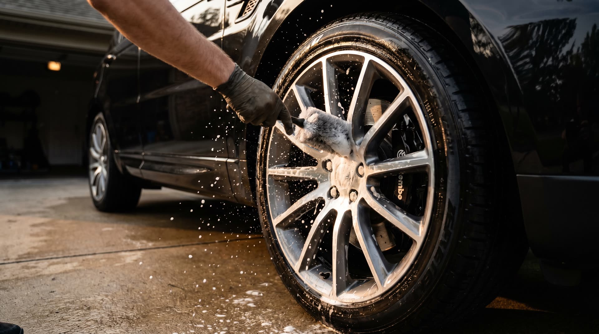 Black luxury SUV wheel being deep-cleaned with a soft brush, foam and water spray flying off the spokes